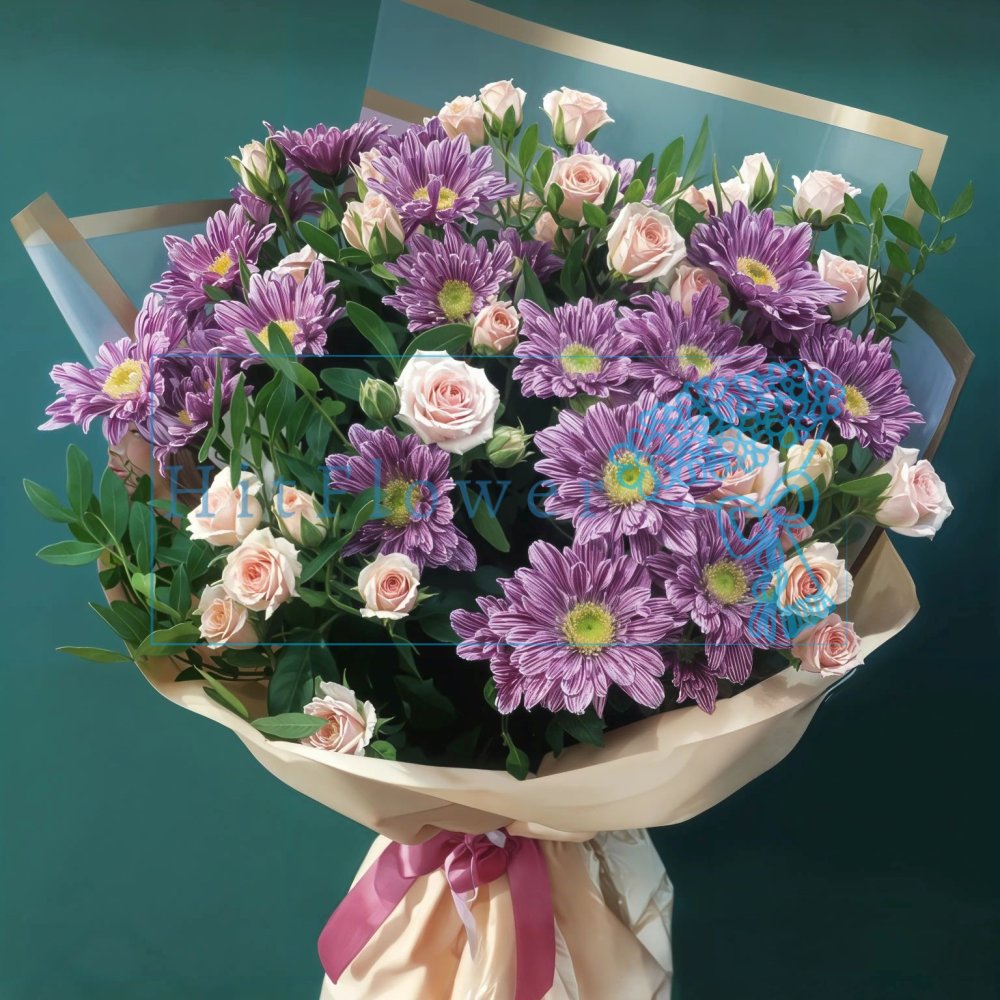 Букет цветов Сиреневая Серенада Букет цветов из: Хризантемы и Розы